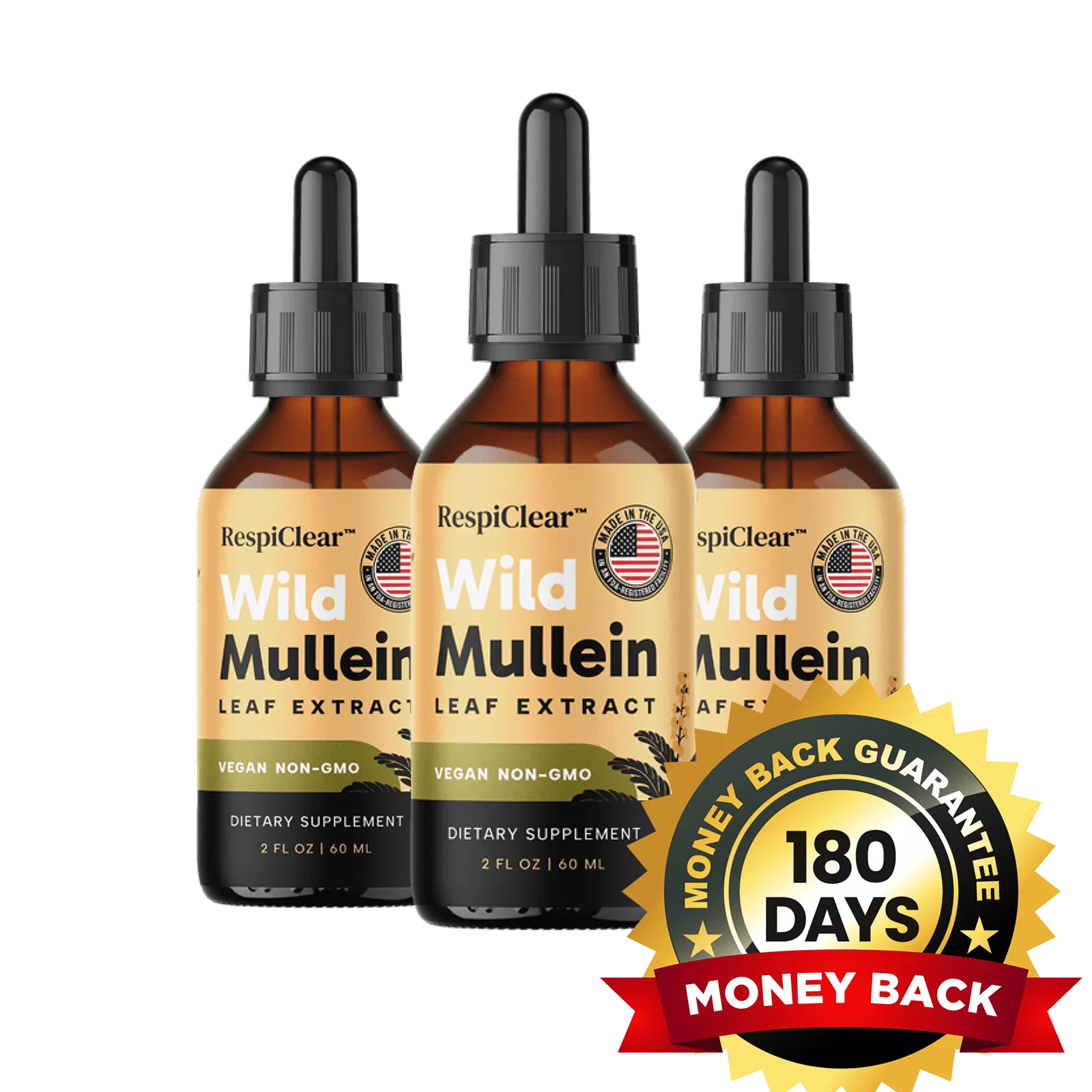 RespiClear dropper bottles with 180-day money-back guarantee badge